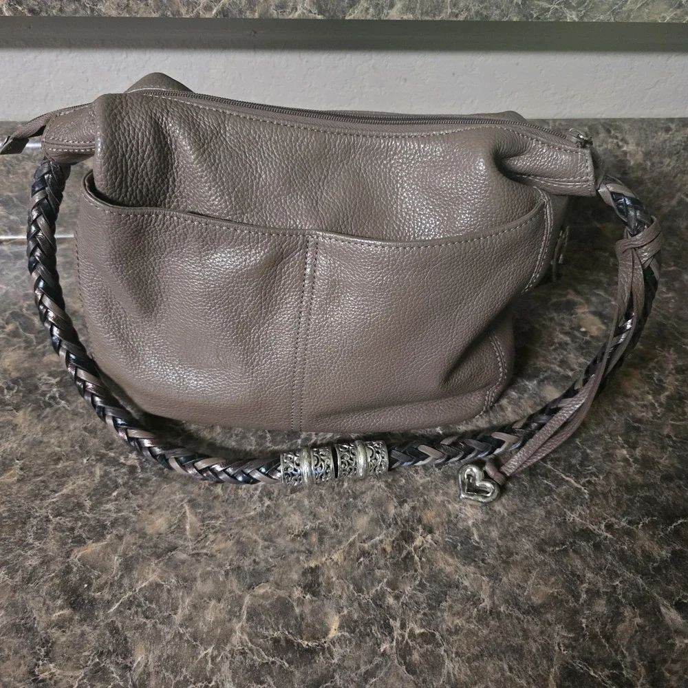 BRIGHTON Pewter Gray Pebbled Leather Hobo Bag Purse Braided Strap